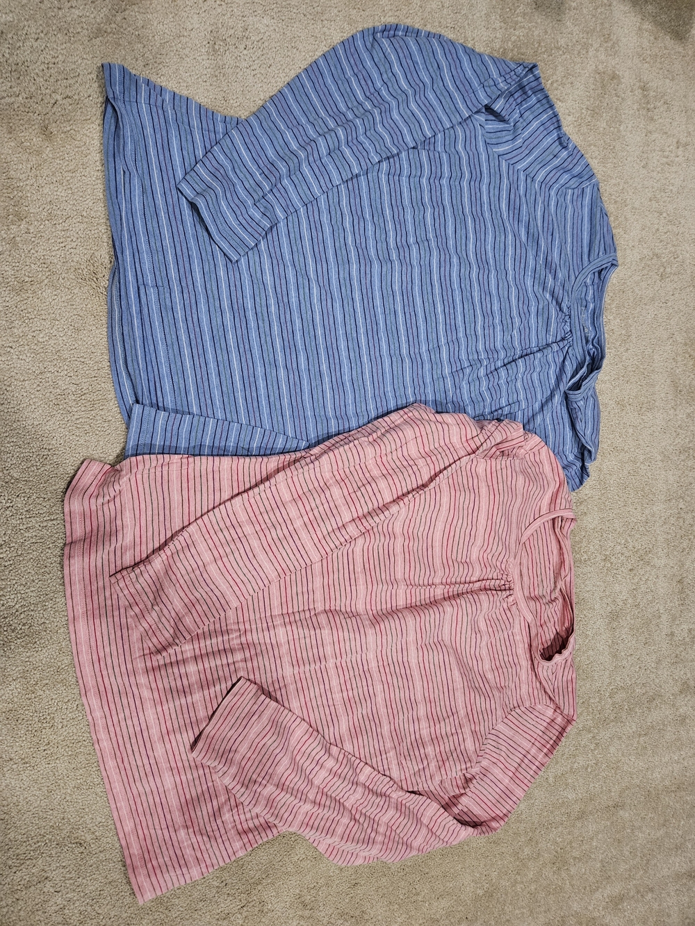 Set Of 2 L.L. Bean Light Blue And Pink Striped Tees with Accent Stripes